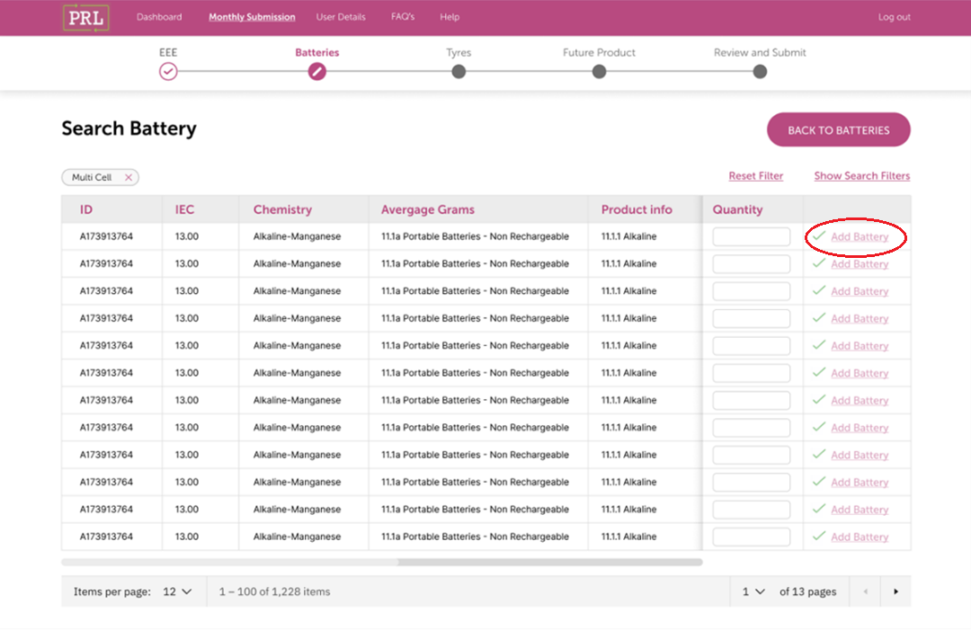 Screenshot of Add Battery Button